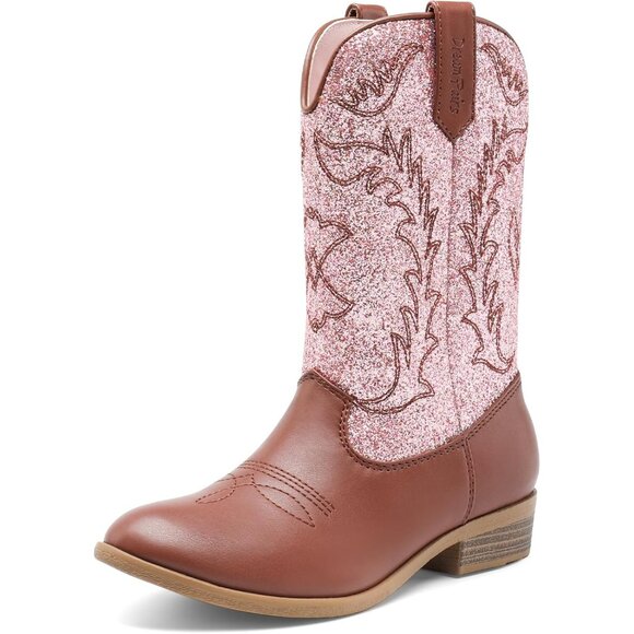 Kids Pink/Brown Cowgirl Boots Girls Cowboy Western Mid Calf Pull-On Riding Boots - Picture 1 of 6